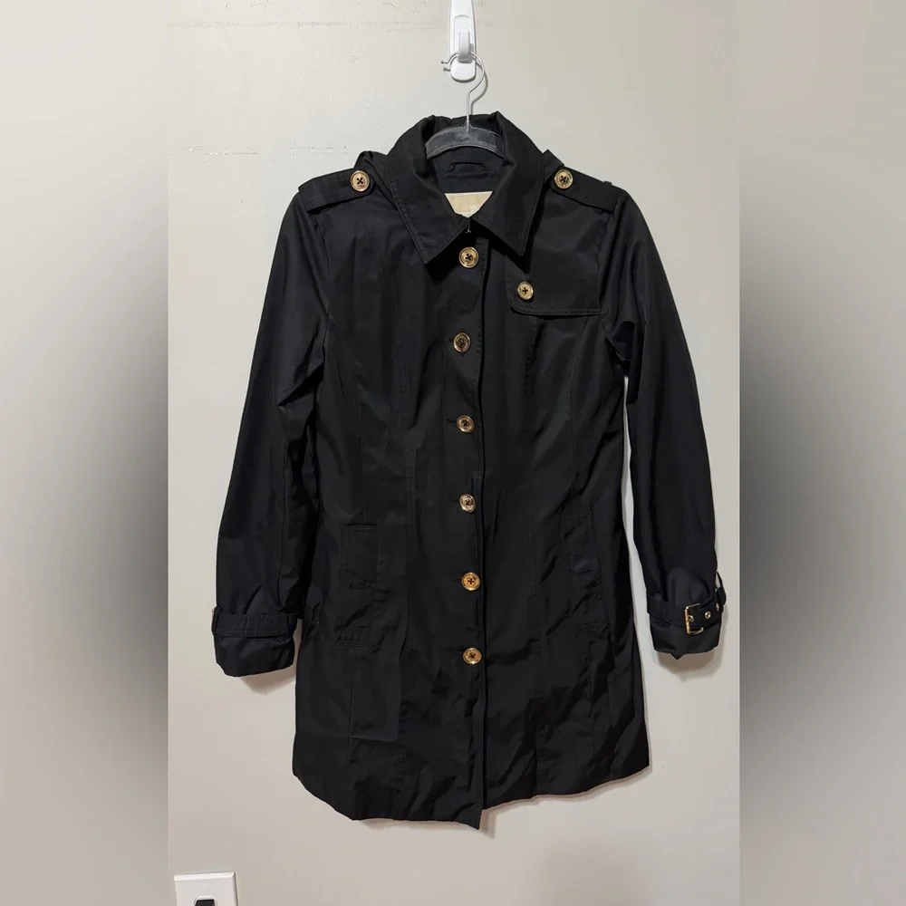 MICHAEL Michael Kors Black Trench Coat Size Small Gold Button Down Hooded - Picture 4 of 13